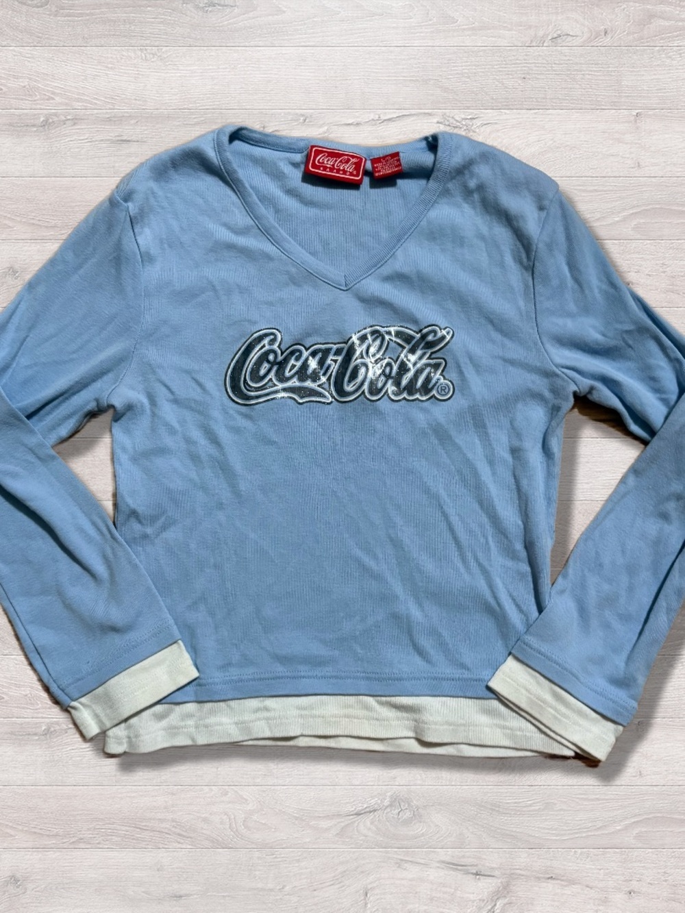 Y2K 2000s Coca Cola Coke Light Blue Layered Shirt Women’s Fit Large Slim